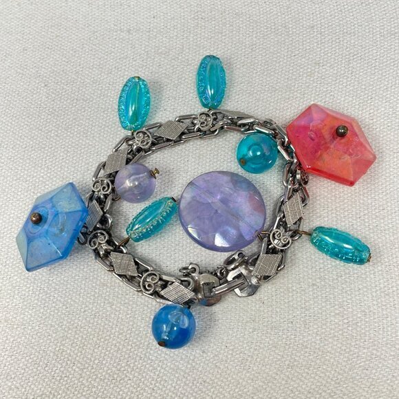 Vintage Bead Charm Bracelet Iridescent Blue Purple Dangle Fun Girly Retro - Picture 2 of 10